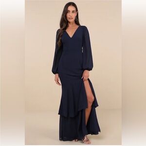 *NEW* Lulu’s Tier Elegance Navy Long Sleeve Tiered Maxi Dress
